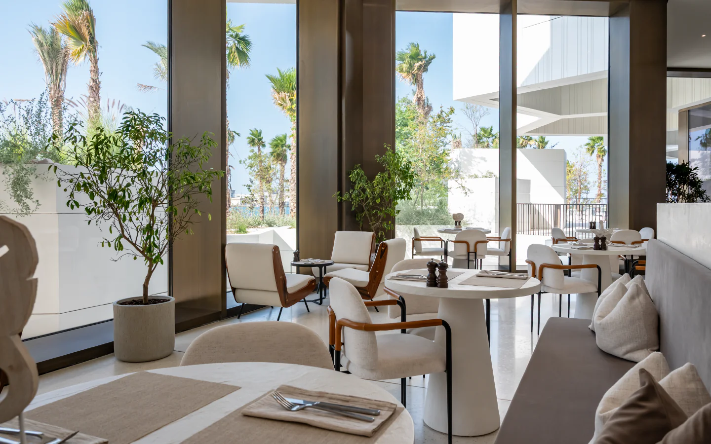 Nayzak Café and Restaurant interior overlooking the Saadiyat Cultural District 