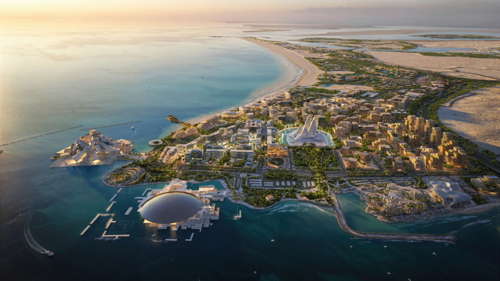 Aerial view of Natural History Museum Abu Dhabi, Louvre Abu Dhabi and Zayed National Museum 