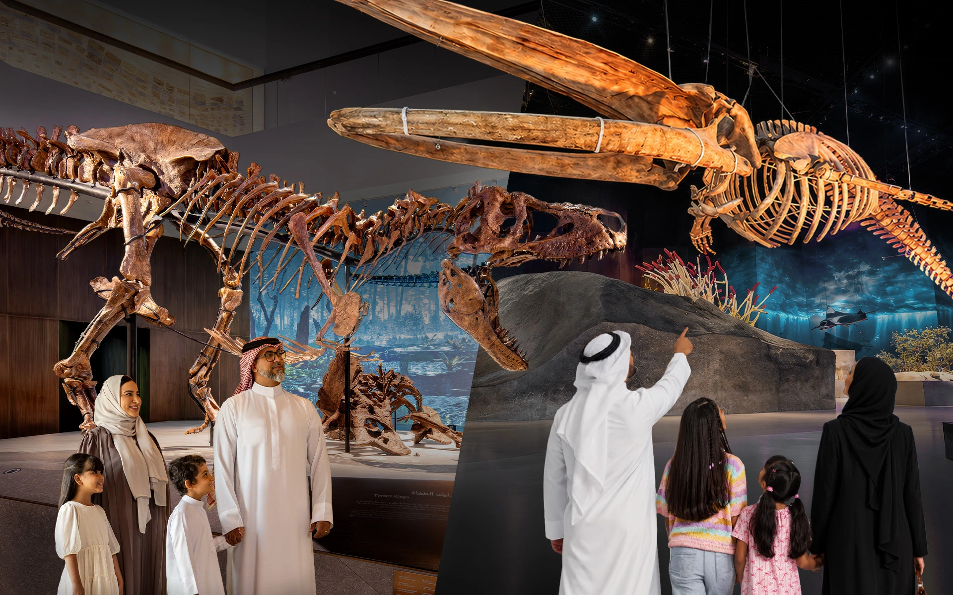 Wide red museum artwork combining suspended whale and T. rex skeletons