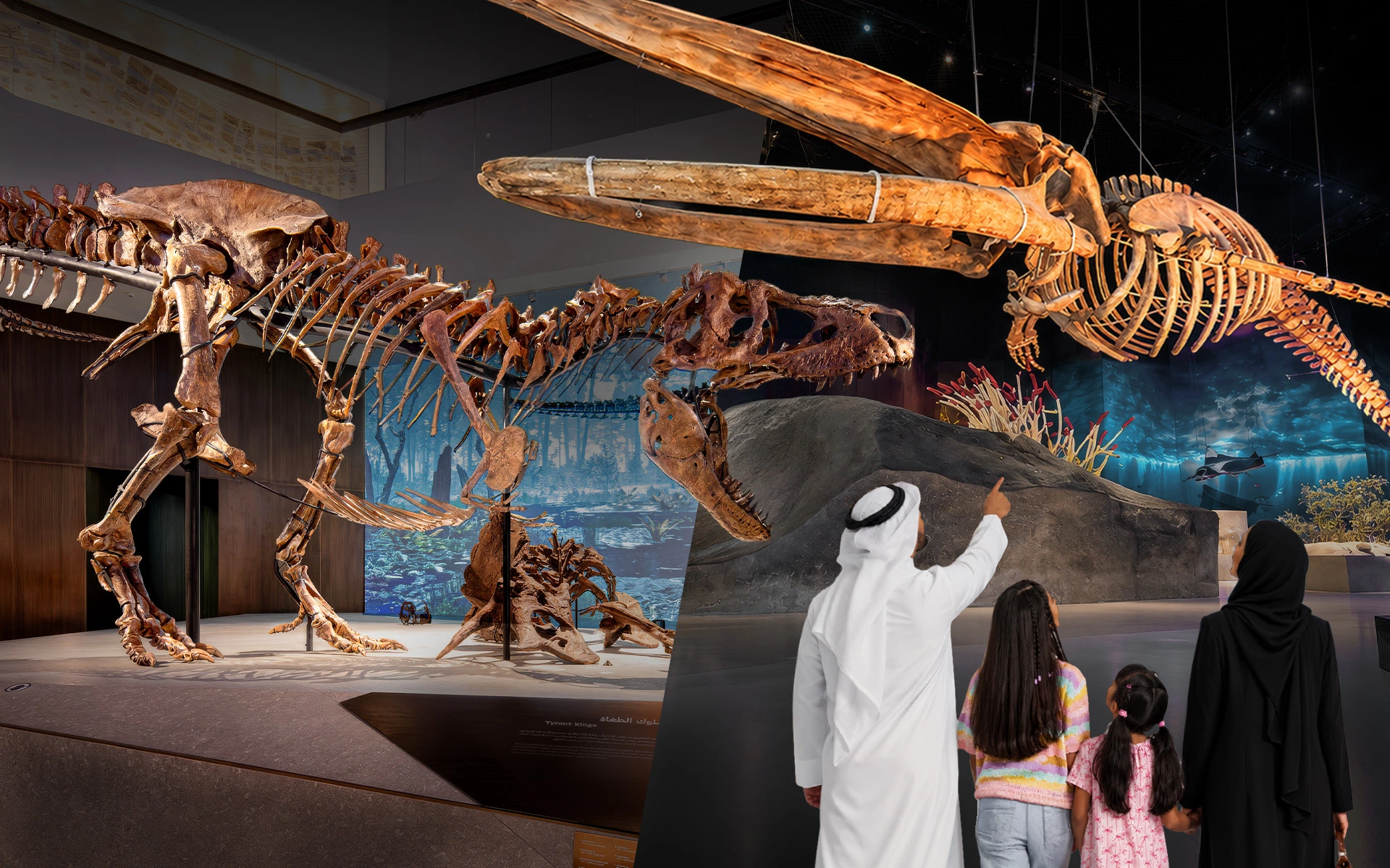 Suspended whale and T. rex fossils at the Natural History Museum Abu Dhabi